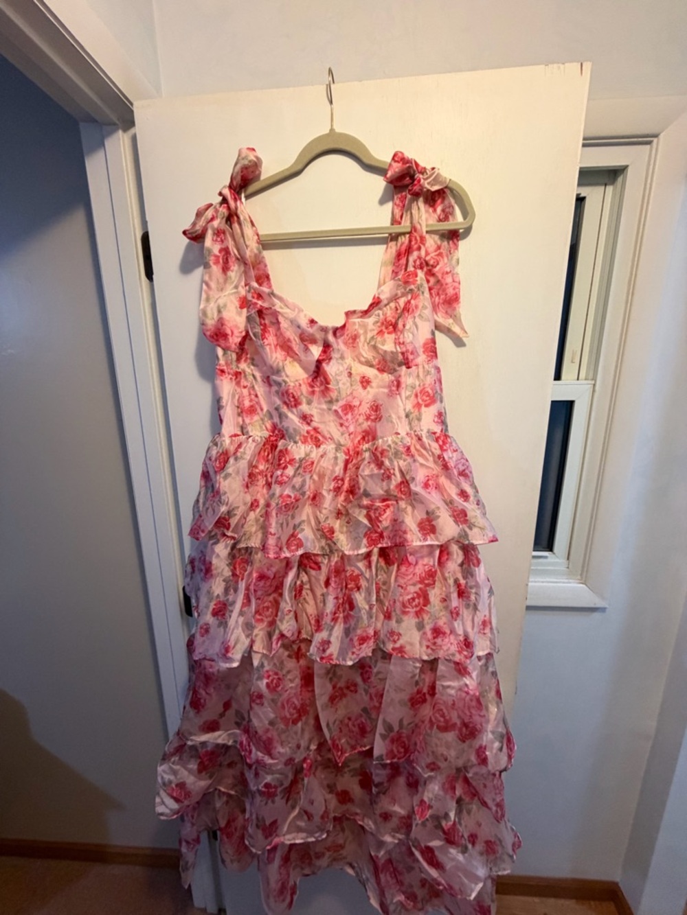 Tiered Pink Floral Maxi Dress with Tie Straps